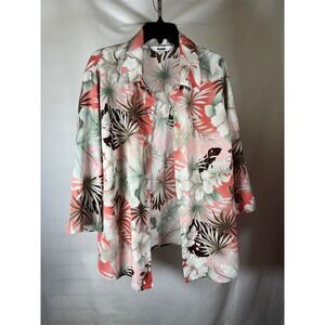 Alia Womens 20W Tropical Floral Palm Print ButtonUpShirt Coral Sage Green 3/4 Sl